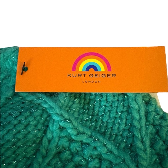 Kurt Geiger London metallic cable knit beanie in teal with a logo patch - Picture 4 of 5